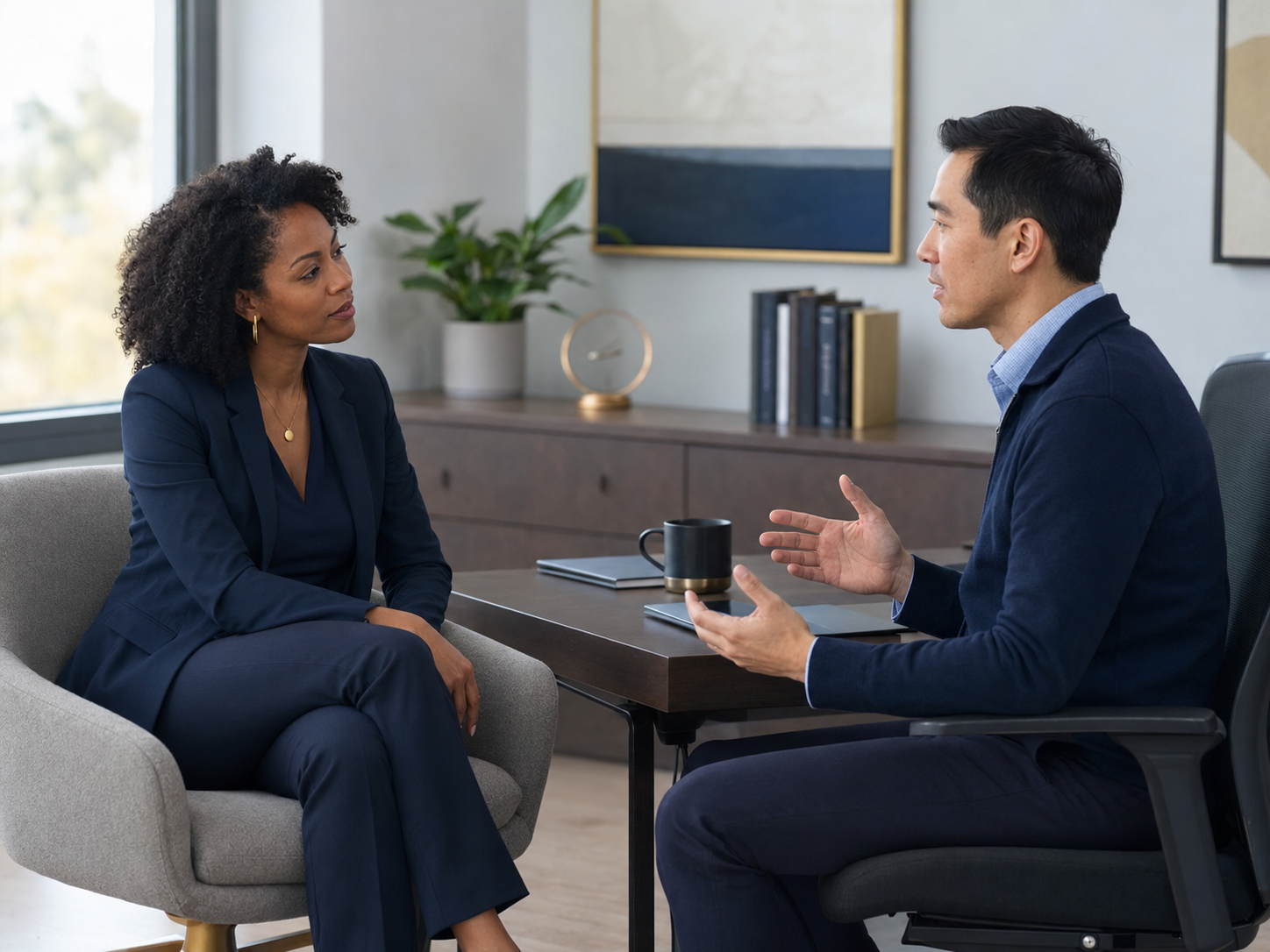 Two leaders practicing communication skills in the workplace